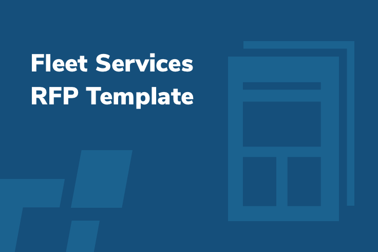 Text on a blue background reads "Fleet Services RFP Template" with abstract geometric shapes and document outline.