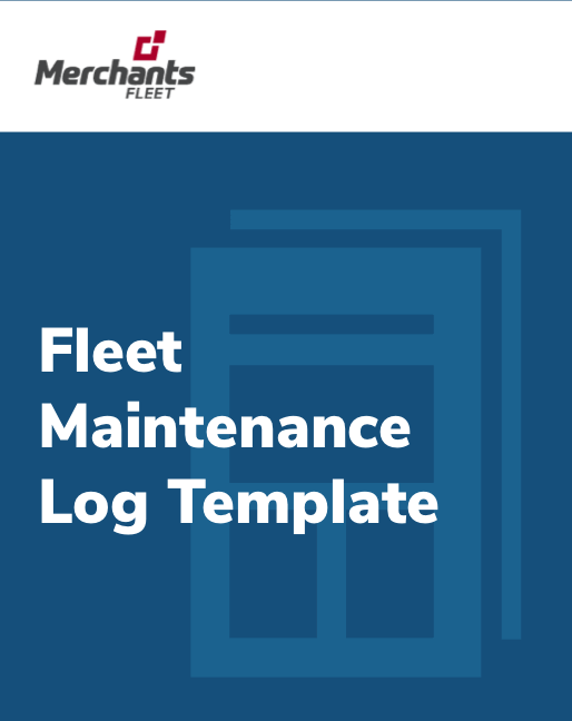 Blue cover with "Fleet Maintenance Log Template" in white text, Merchants Fleet logo at the top.