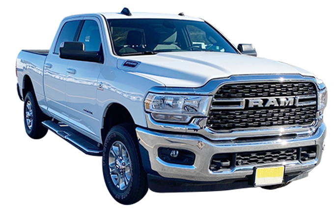 White Ram pickup truck with chrome grille and black trim, facing left on a white background.