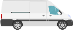 Side view of a white commercial delivery truck with teal-colored cab window.